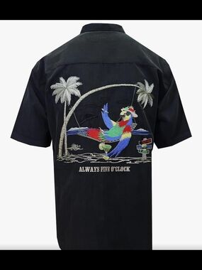 Men's Black Short-Sleeve Button-Down Shirt with Tropical Parrot Embroidery